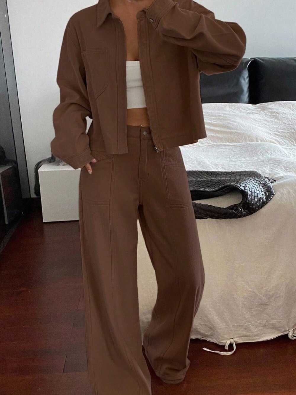 Coffee Brown Casual Collared Crop Top And Loose Fit Jeans Set